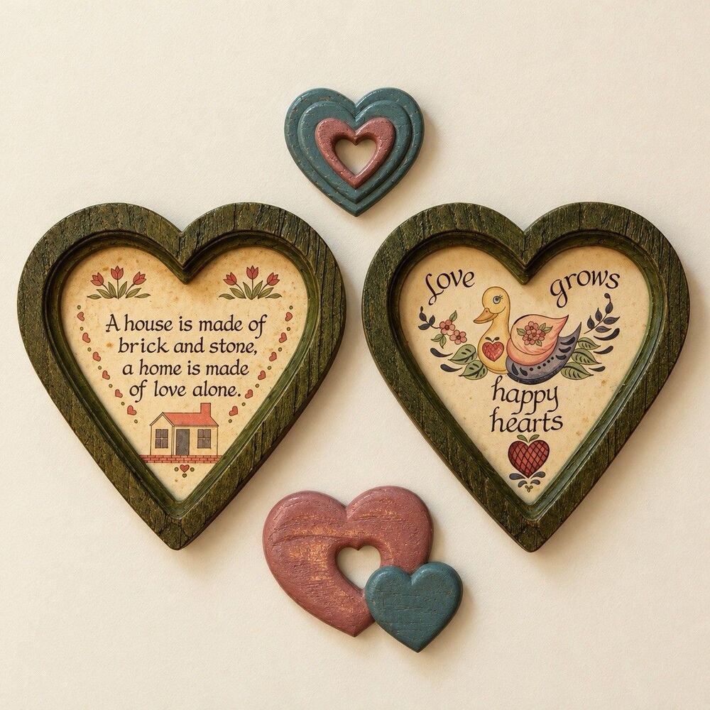 Vintage Heart Wall Decor 4 Piece Country Duck Art Love Plaques Burwood Pink Blue